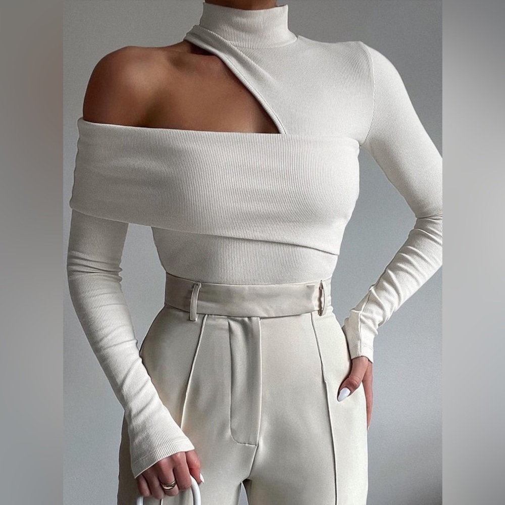 Mock Neck Oblique Cutout Rib Long Sleeve Knit Top
